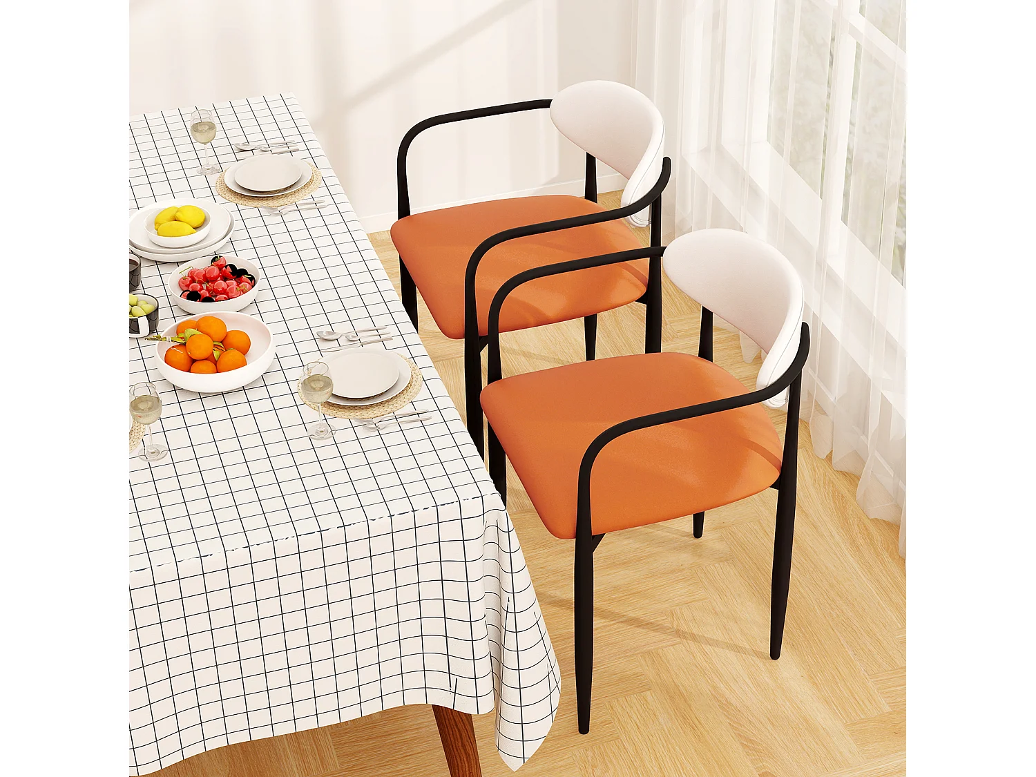 Lot de 2 chaises de cuisine en similicuir, siège rembourré, cadre métal, crème+blanc