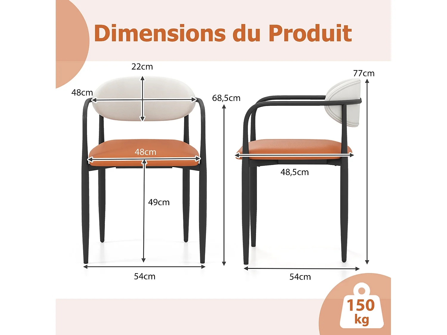Lot de 2 chaises de cuisine en similicuir, siège rembourré, cadre métal, crème+blanc