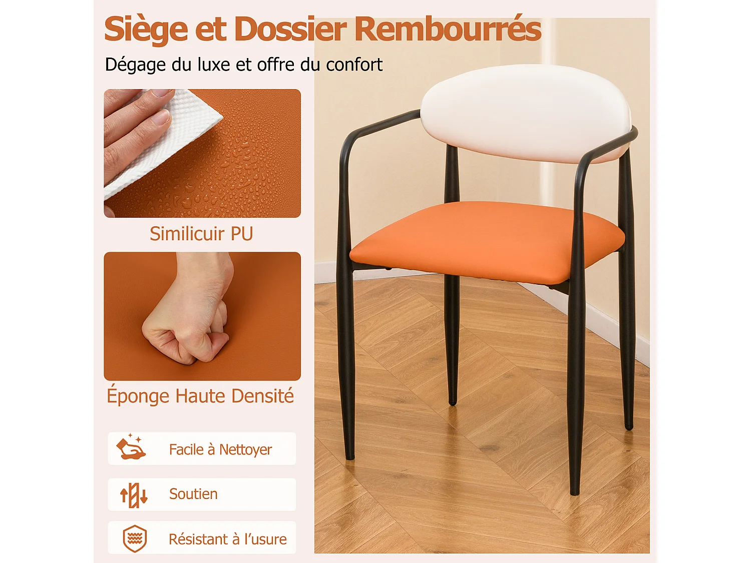 Lot de 2 chaises de cuisine en similicuir, siège rembourré, cadre métal, crème+blanc