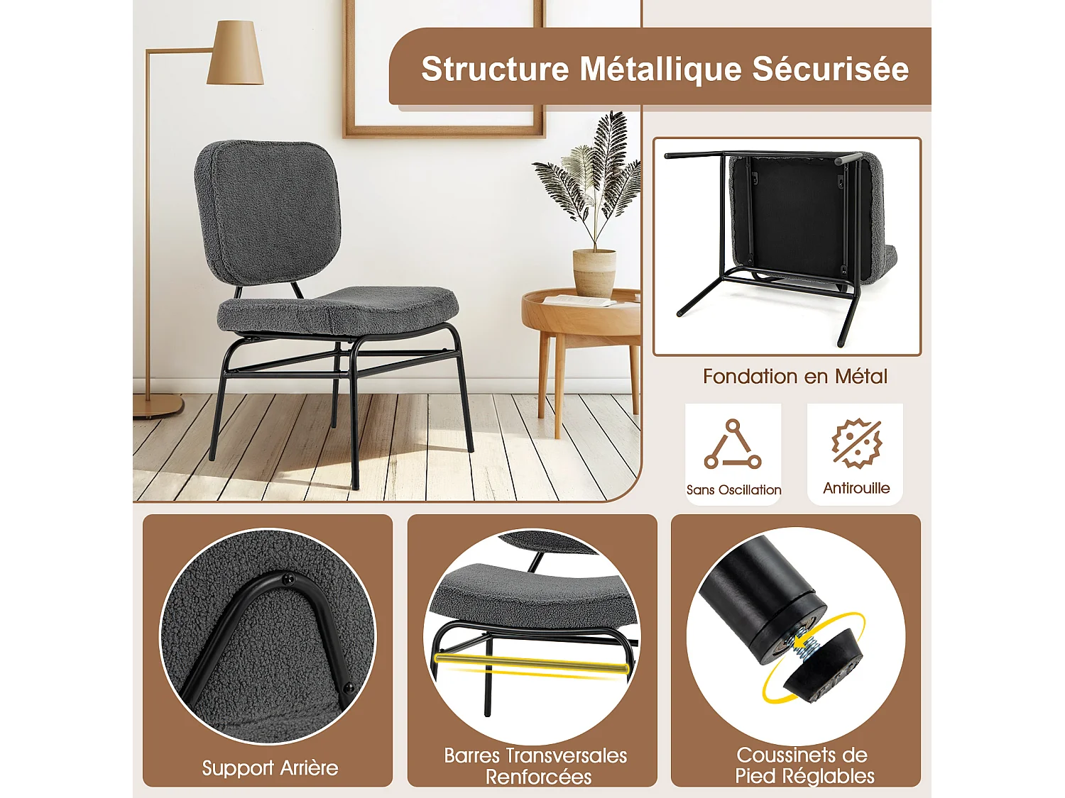 Scandinavische eetkamerstoel sherpa, sponsvulling, metalen frame, grijs