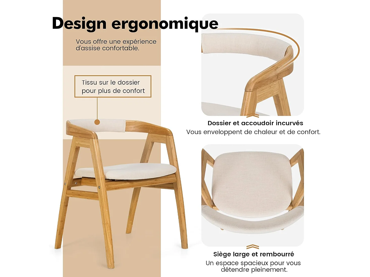 Bamboe eetkamerstoel met kussen en gebogen rugleuning, voor balkon