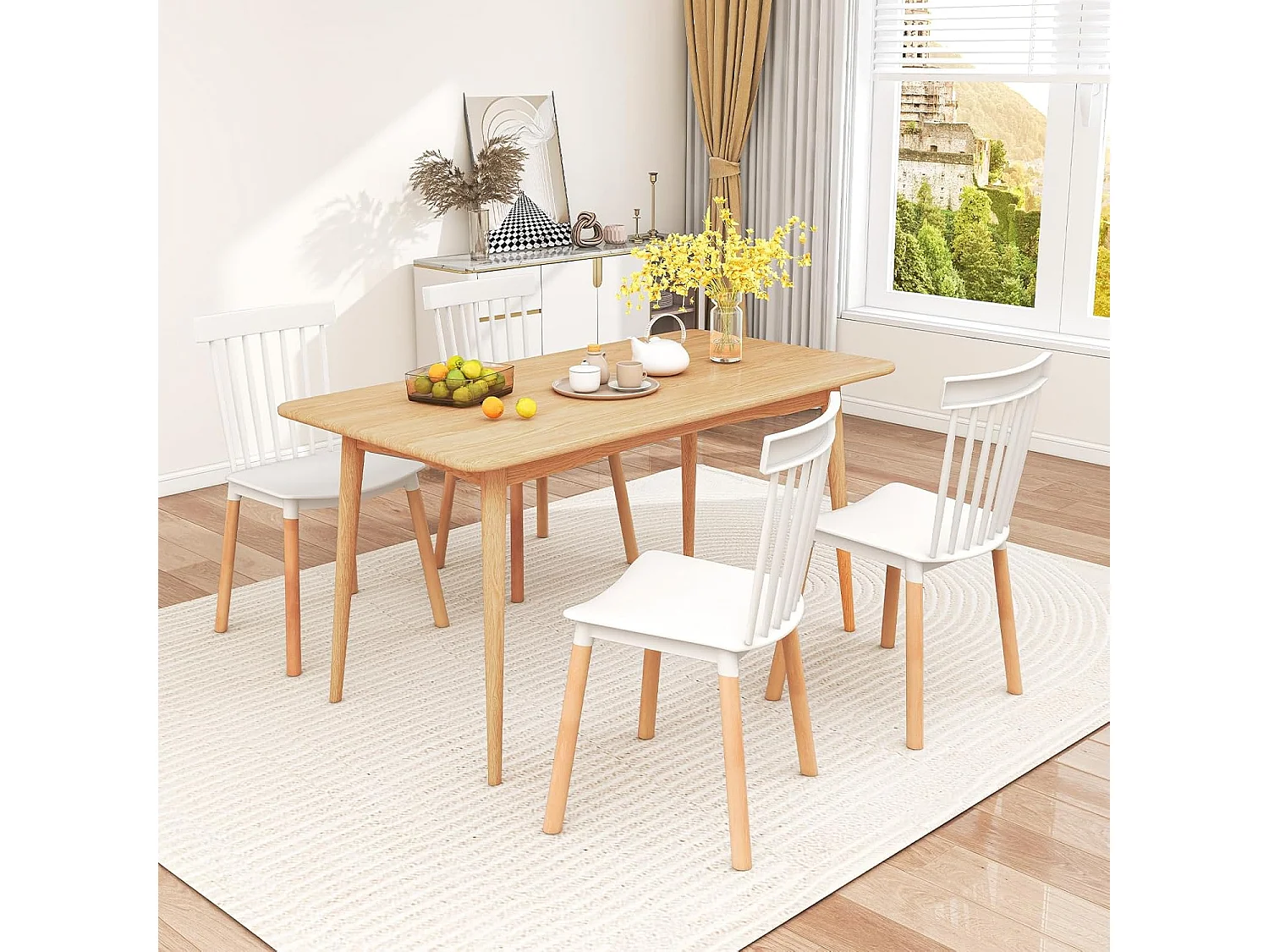 Chaise Salle à Manger Bois Lot de 4, Windsor, Siège Incurvé, Patin Antidérapant, Blanc