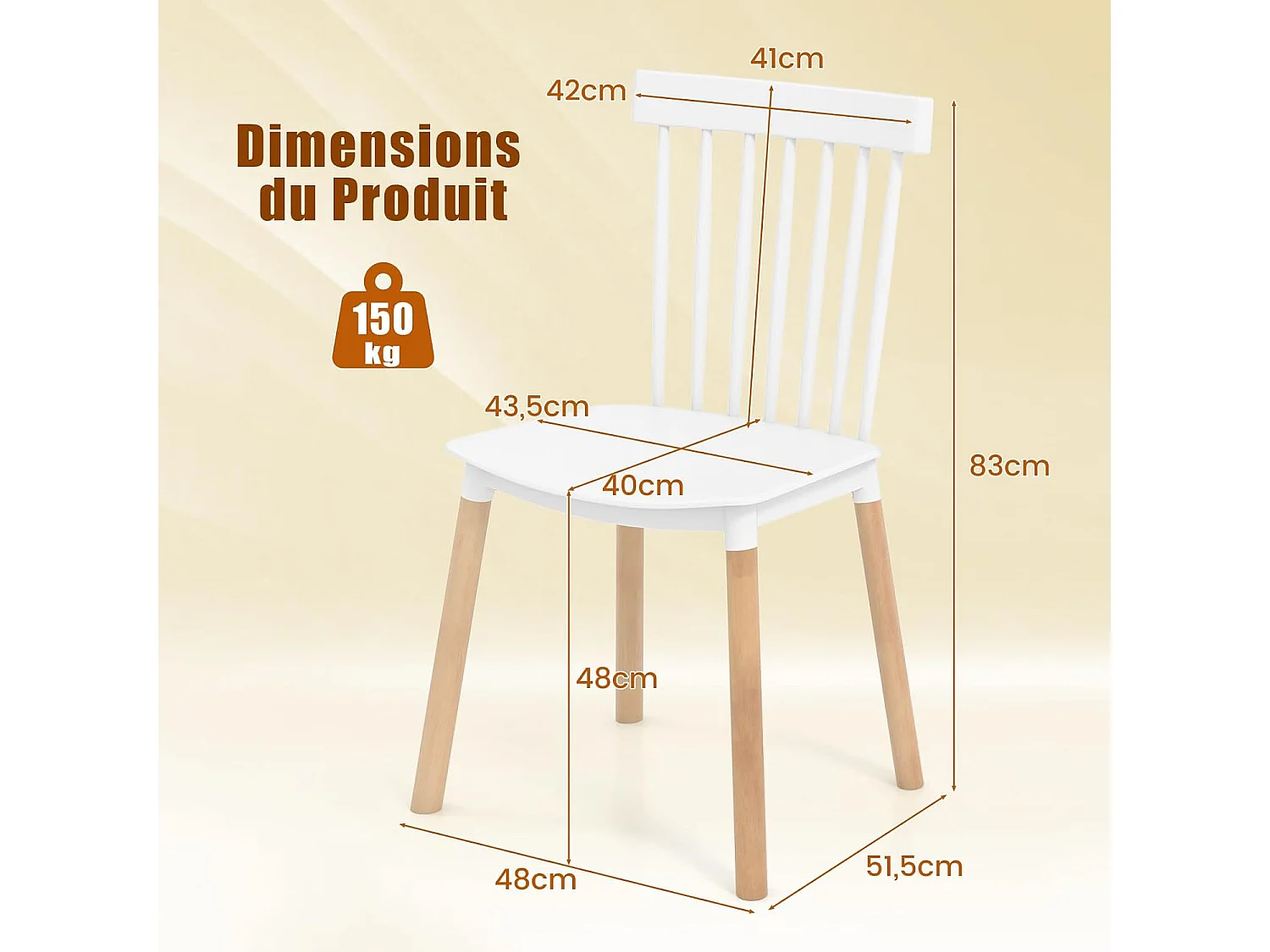 Chaise Salle à Manger Bois Lot de 4, Windsor, Siège Incurvé, Patin Antidérapant, Blanc
