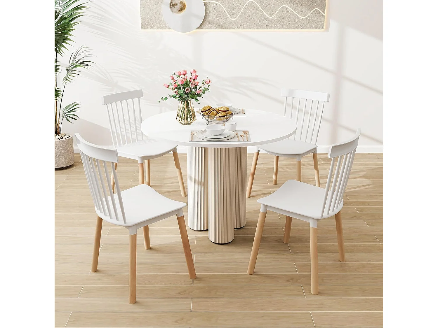 Chaise Salle à Manger Bois Lot de 4, Windsor, Siège Incurvé, Patin Antidérapant, Blanc