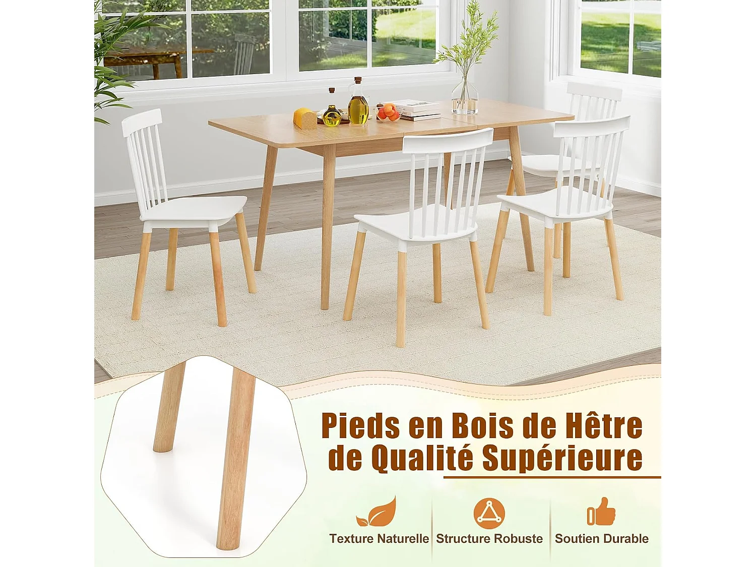 Chaise Salle à Manger Bois Lot de 4, Windsor, Siège Incurvé, Patin Antidérapant, Blanc