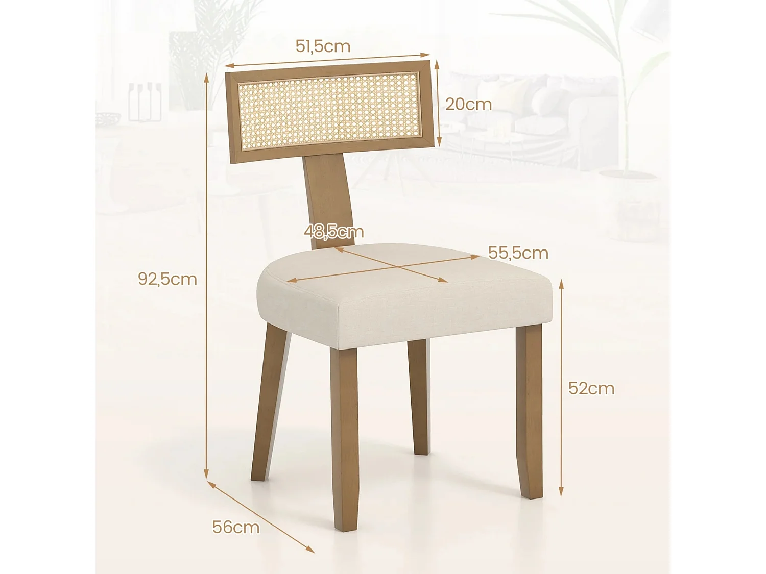 Sedia da pranzo imbottita con schienale in rattan