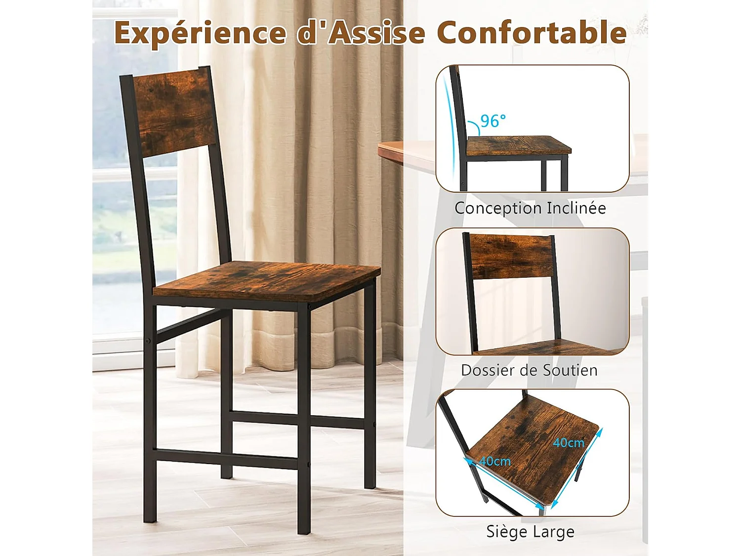 Set van 2 industriële eetkamerstoelen, metaal poten (roestbruin)