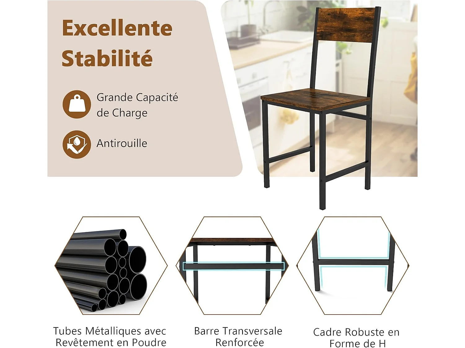 Set van 2 industriële eetkamerstoelen, metaal poten (roestbruin)