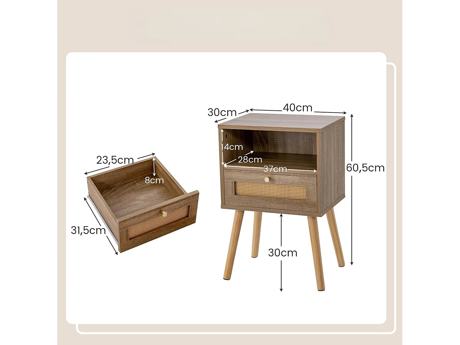 Nachttisch mit Rattanverzierung kleine Beistelltisch im Boho-Stil mit Schublade Natur
