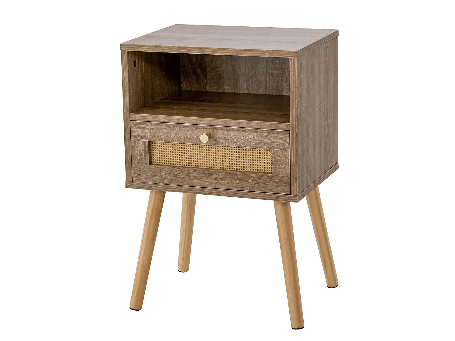 Nachttisch mit Rattanverzierung kleine Beistelltisch im Boho-Stil mit Schublade Natur