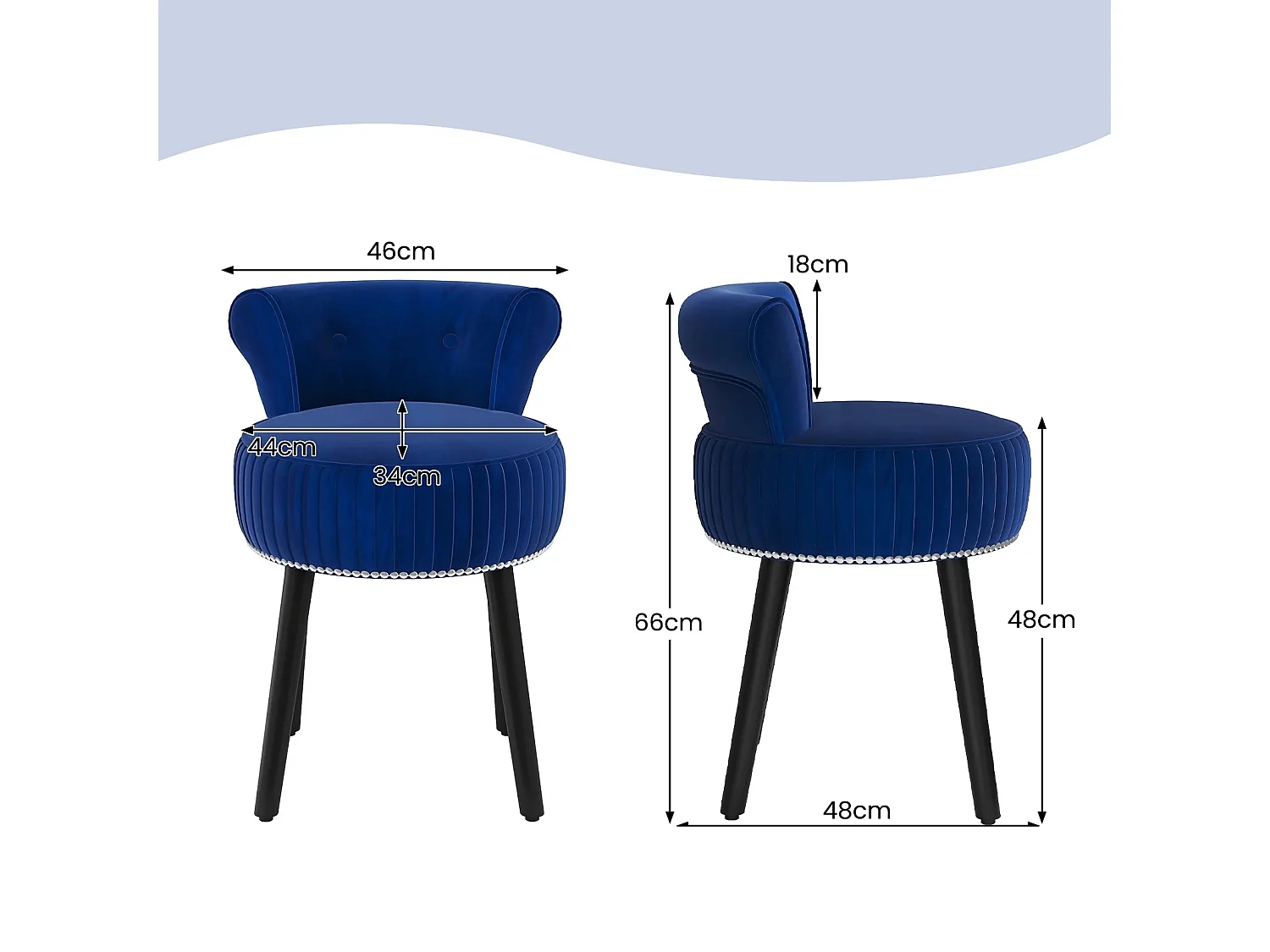Samt-Vanity-Stuhl mit Lehne gepolsterter Vanity-Hocker mit tief getufteter Rückenlehne und massiven Holzbeinen Blau