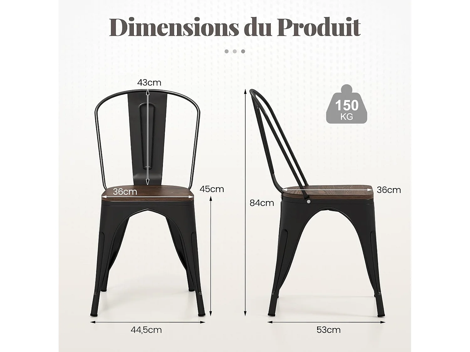 Lot de 4 Chaises Salle à Manger Empilable Industriel en Acier 52x44x84cm, Gris