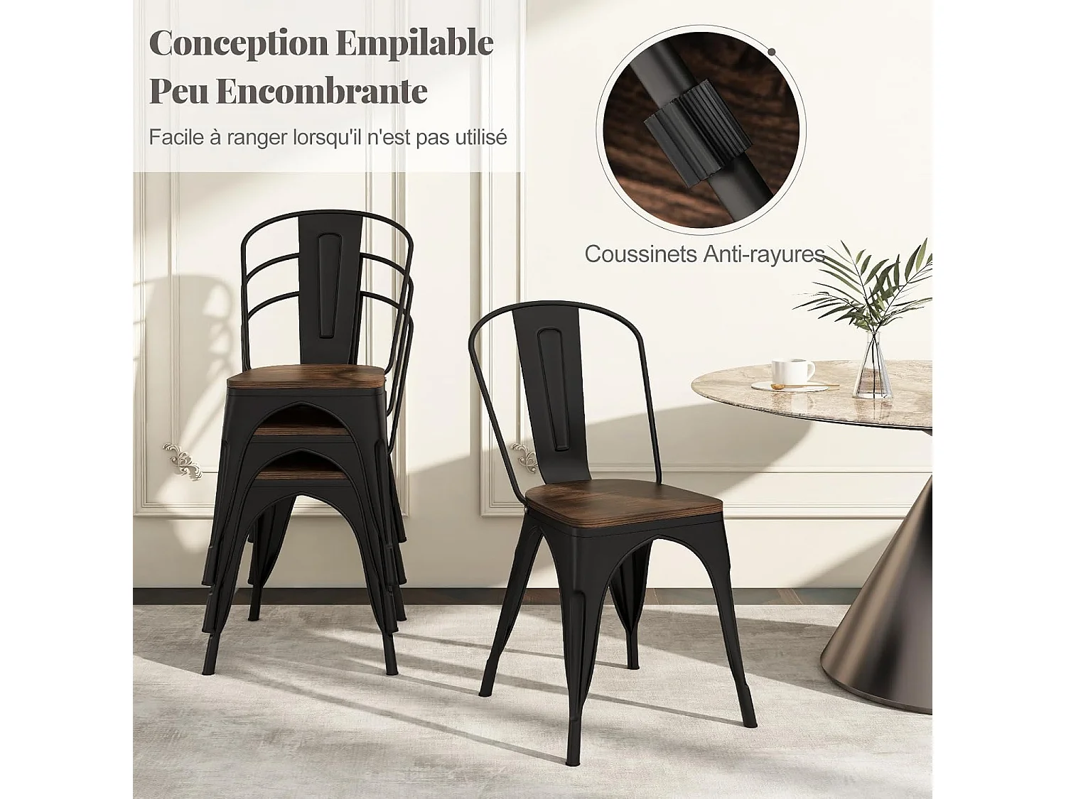 Lot de 4 Chaises Salle à Manger Empilable Industriel en Acier 52x44x84cm, Gris