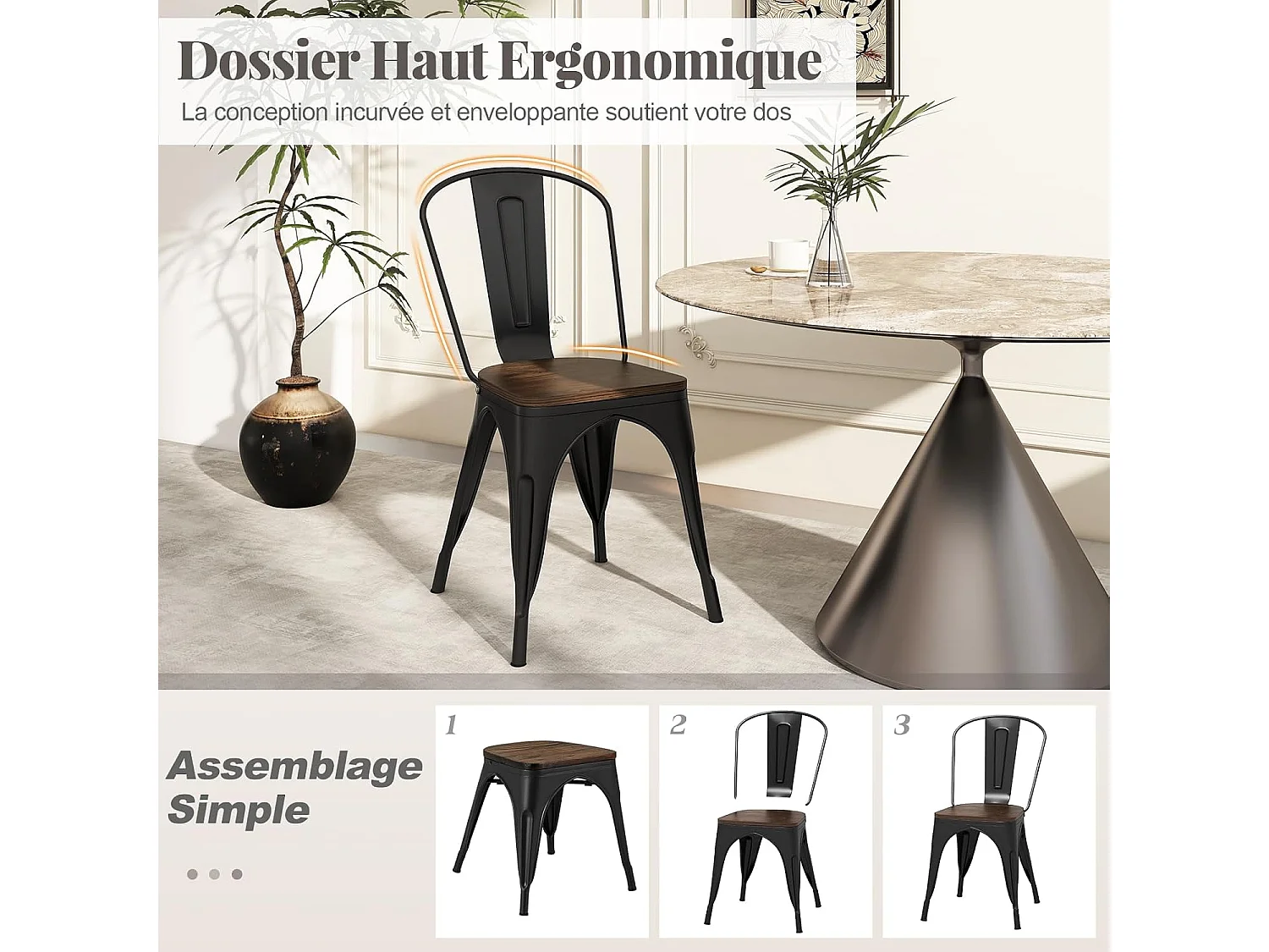 Lot de 4 Chaises Salle à Manger Empilable Industriel en Acier 52x44x84cm, Gris