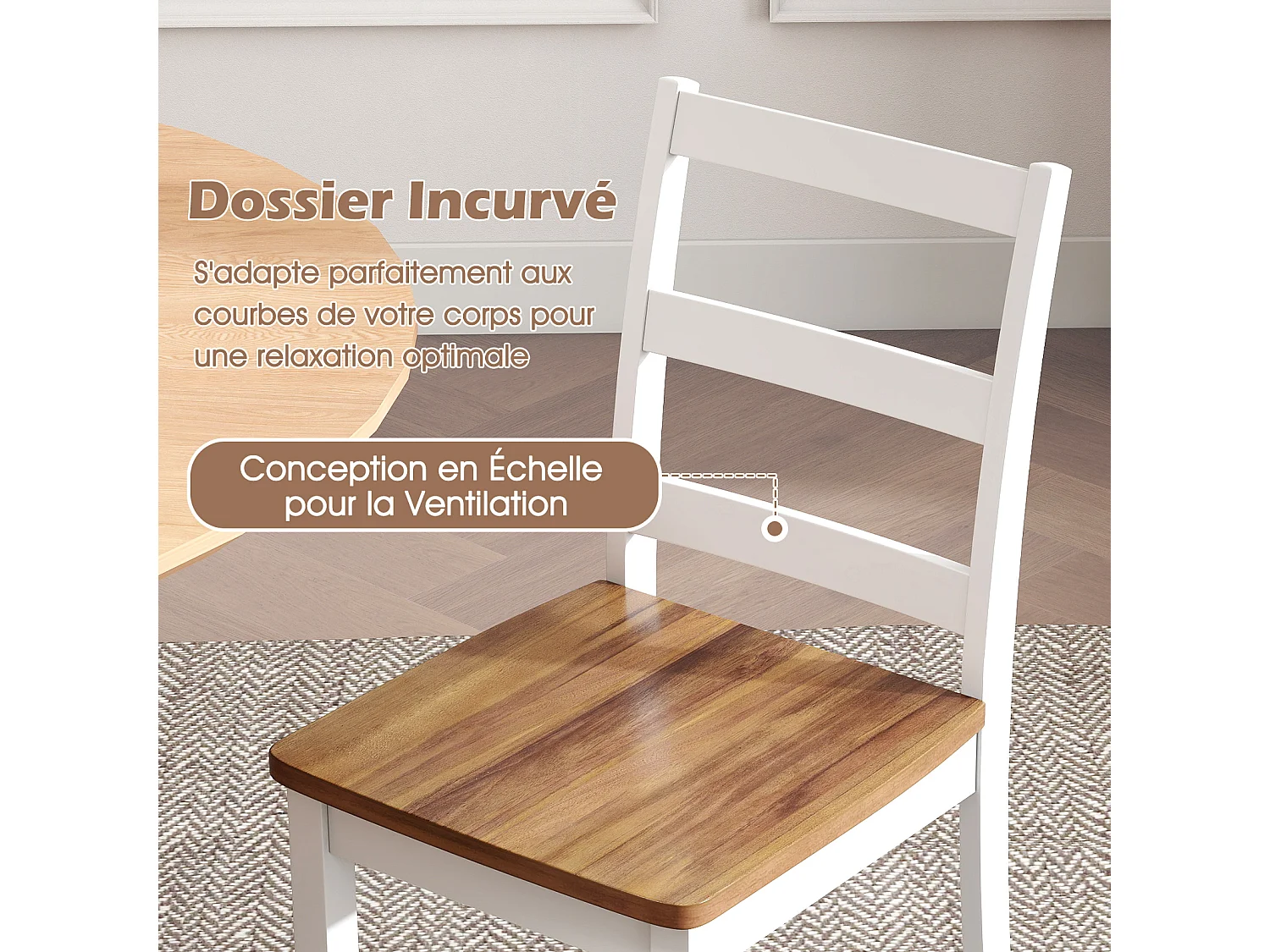 Lot de 2 Chaises Bois, Pieds Caoutchouc, Dossier Courbé, Sans Accoudoirs, 190 KG