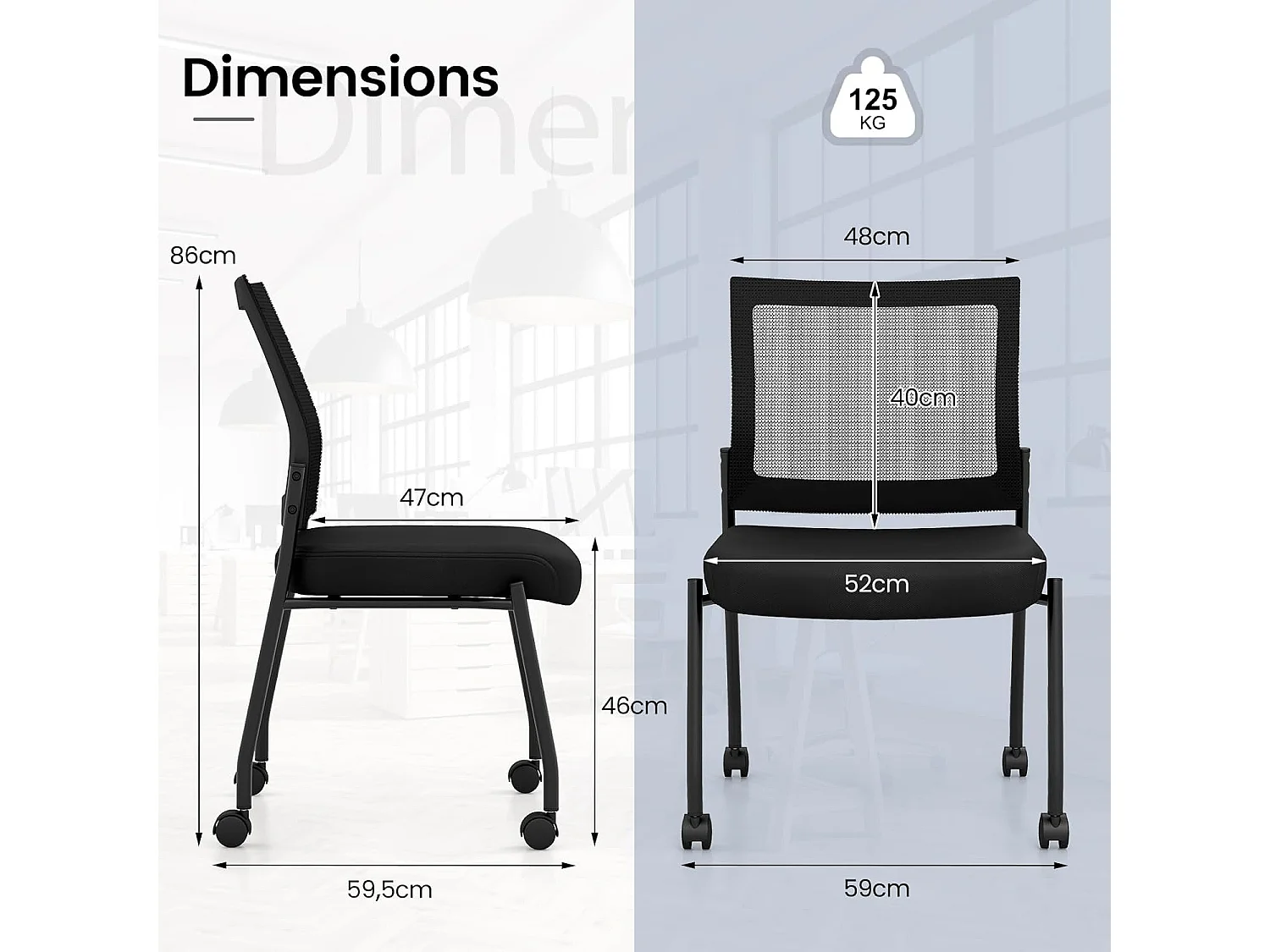 Lot de 2 Chaises Bureau/Réunion Empilables, Maille Roulettes, 125kg (Noir)