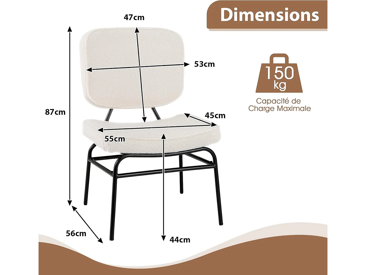 Scandinavische eetkamerstoel sherpa, sponsvulling, metalen frame, Beige