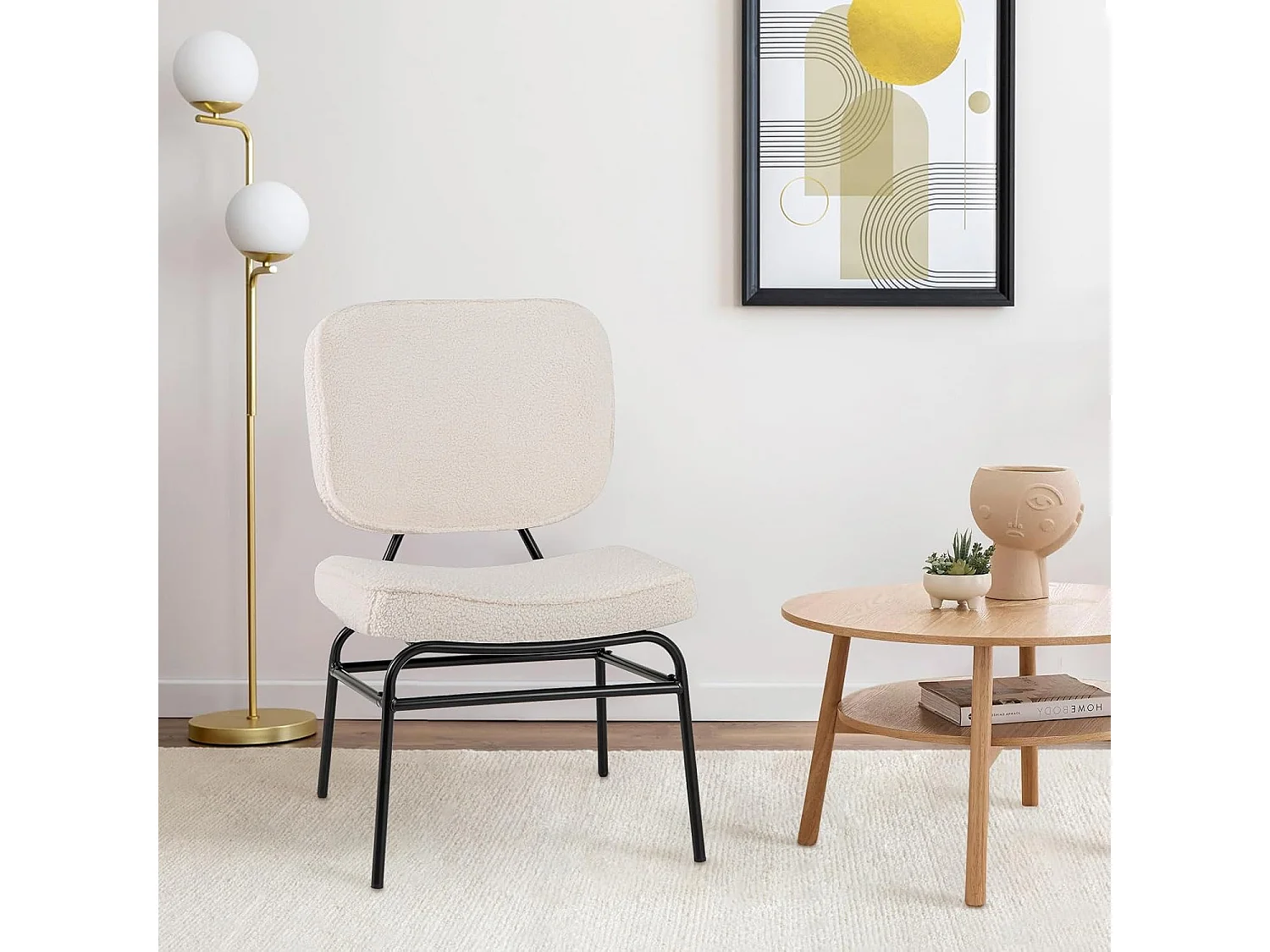 Scandinavische eetkamerstoel sherpa, sponsvulling, metalen frame, Beige