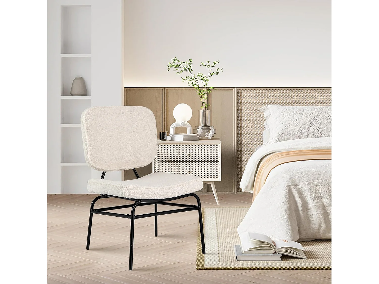 Scandinavische eetkamerstoel sherpa, sponsvulling, metalen frame, Beige