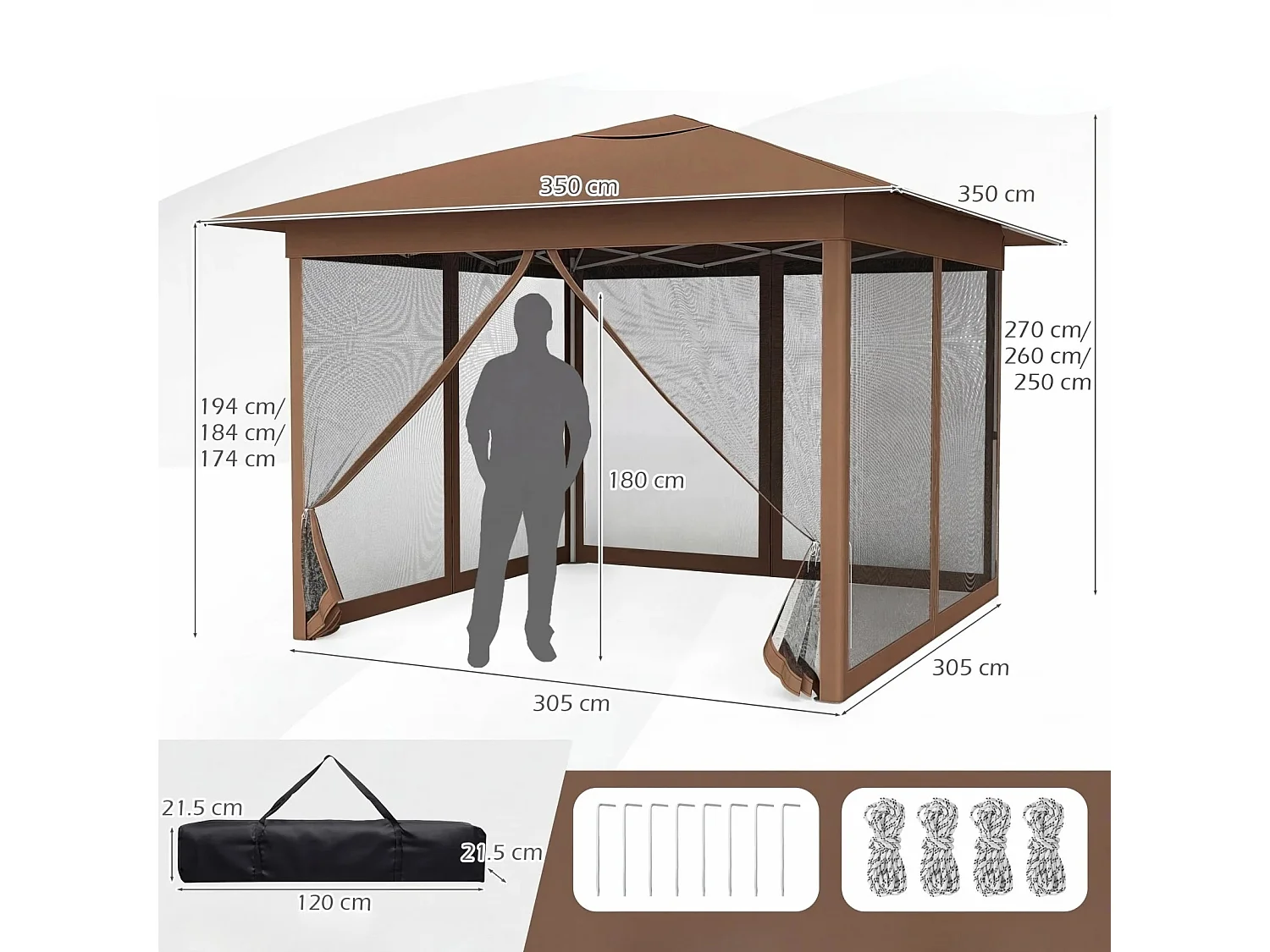 3,5 x 3,5 M Padiglione One Push Altezza Regolabile con Zanzariera Doppio Tetto Borsa per Giardino Campeggio Marrone