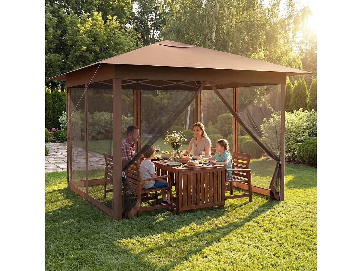 3,5 x 3,5 M Padiglione One Push Altezza Regolabile con Zanzariera Doppio Tetto Borsa per Giardino Campeggio Marrone
