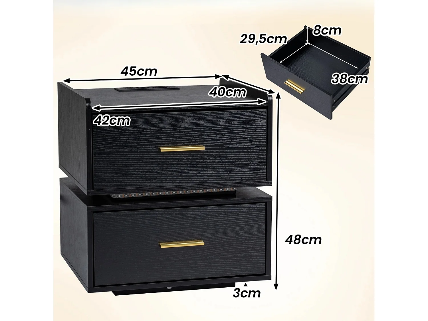 Nachttisch mit Ladestation LED-Bettisch 2 Schubladen modern halb-schwebend mit Metallfuß Schwarz