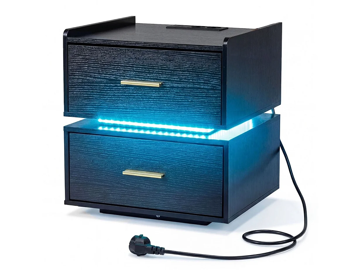 Nachttisch mit Ladestation LED-Bettisch 2 Schubladen modern halb-schwebend mit Metallfuß Schwarz