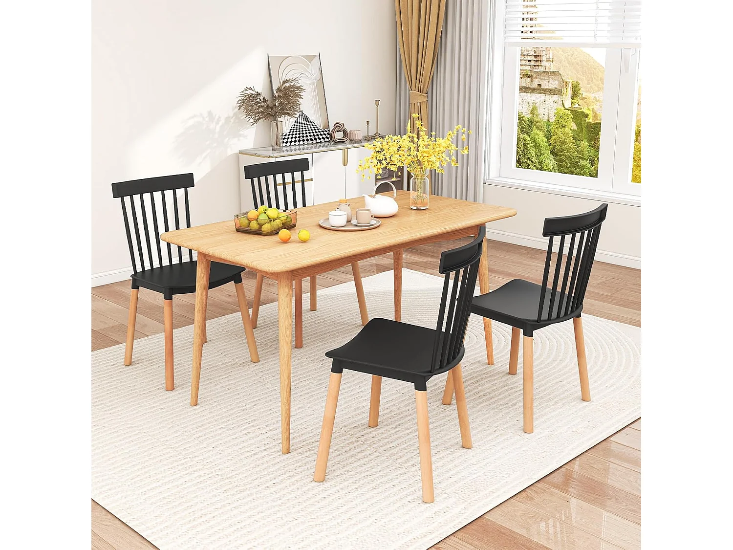 Chaise Salle à Manger Bois Lot de 4, Windsor, Siège Incurvé, Patin Antidérapant, Noir