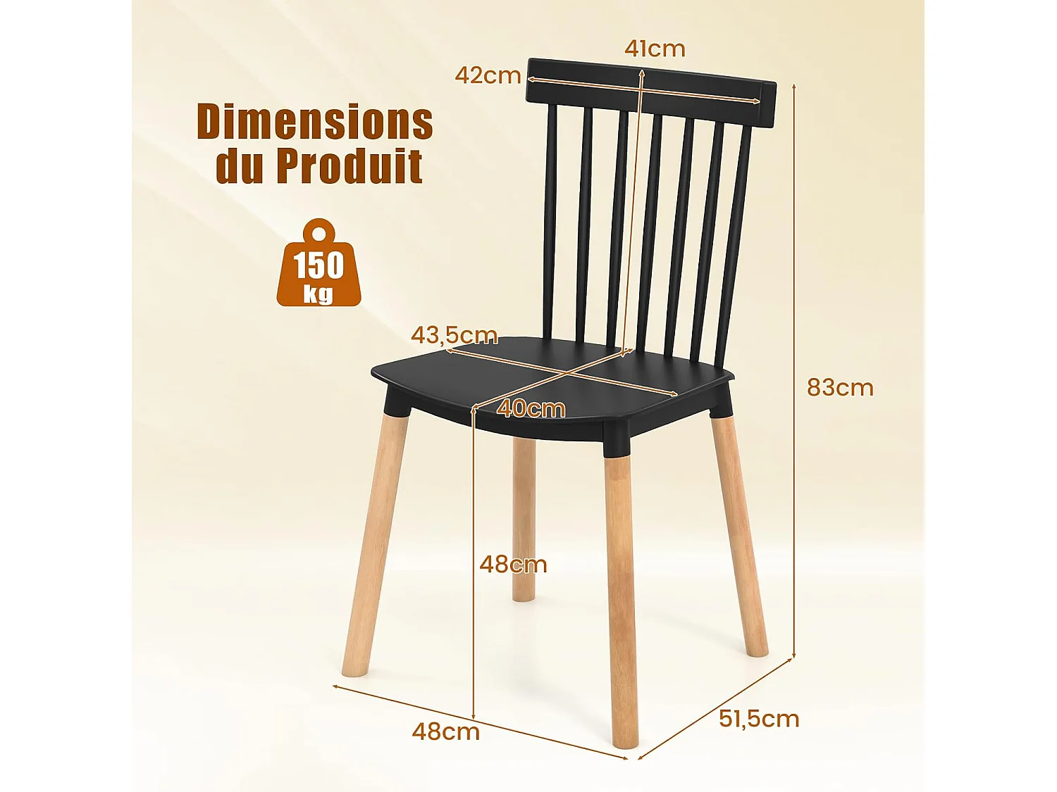 Chaise Salle à Manger Bois Lot de 4, Windsor, Siège Incurvé, Patin Antidérapant, Noir