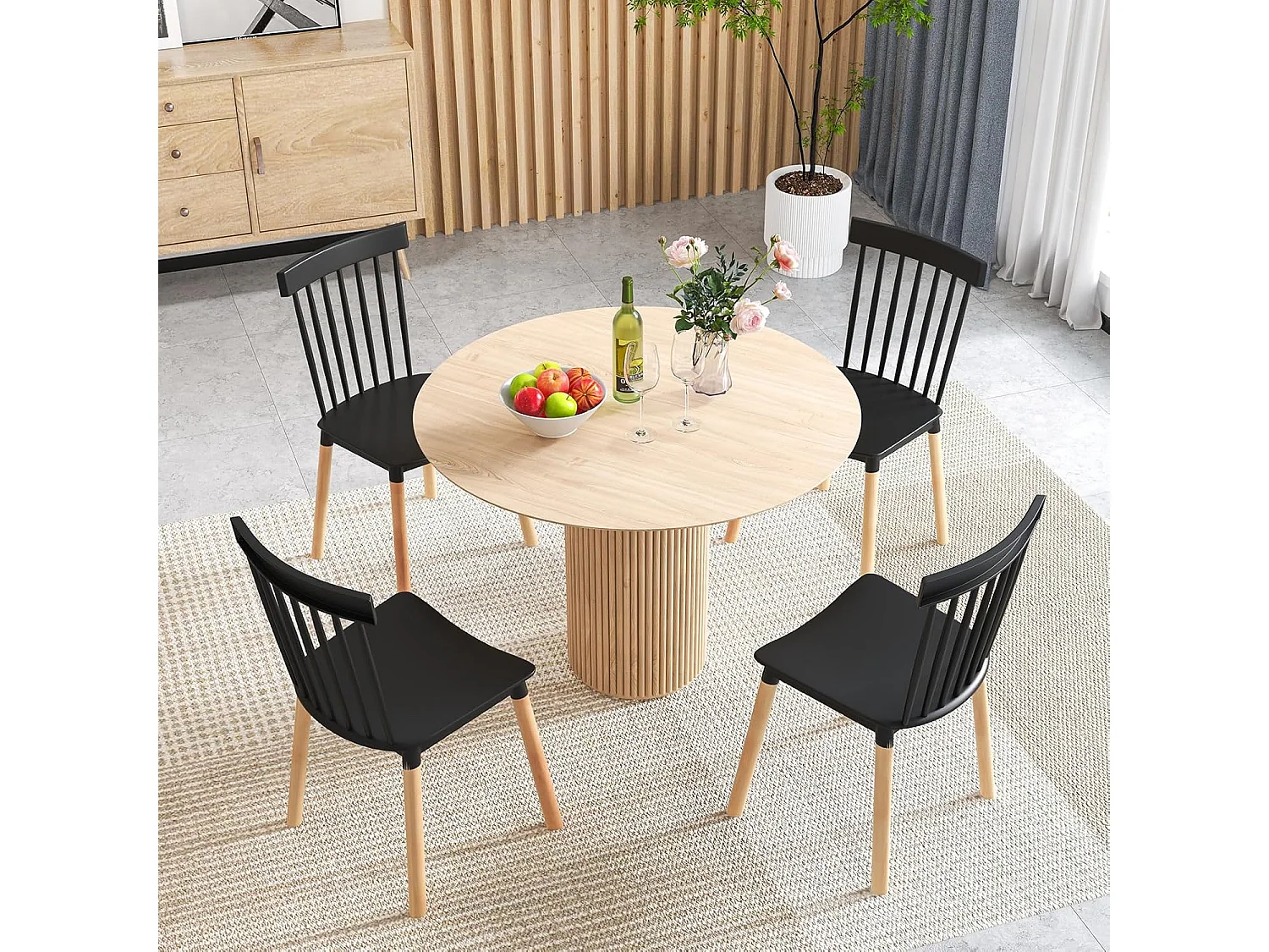 Chaise Salle à Manger Bois Lot de 4, Windsor, Siège Incurvé, Patin Antidérapant, Noir