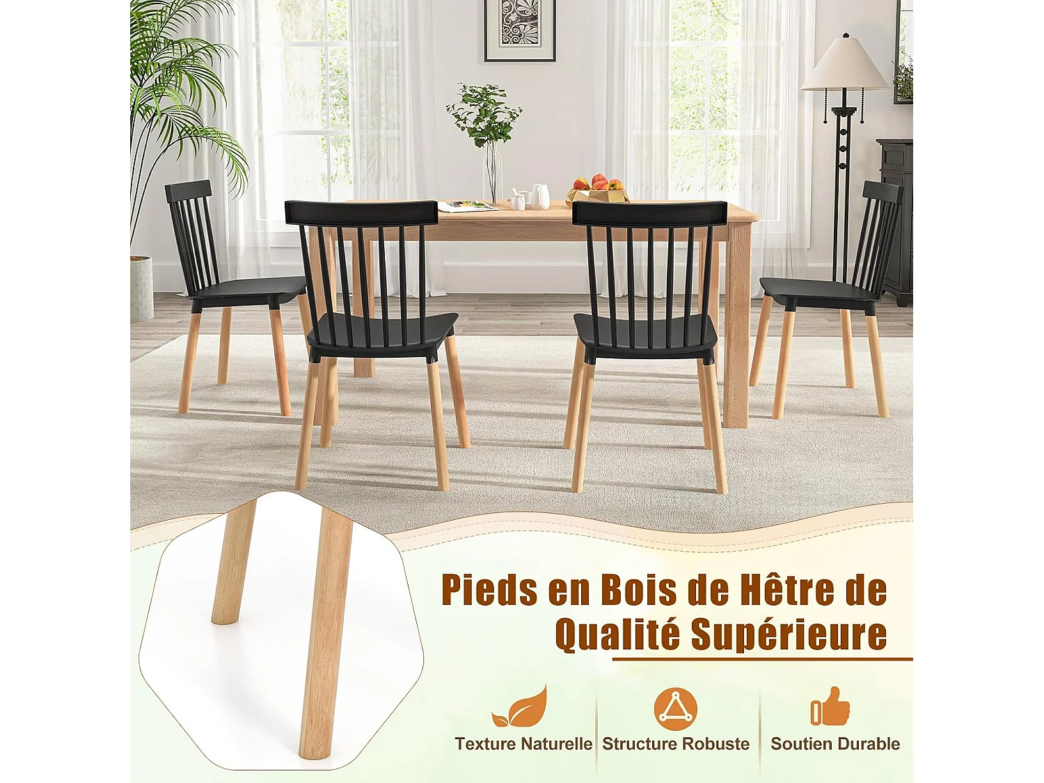 Chaise Salle à Manger Bois Lot de 4, Windsor, Siège Incurvé, Patin Antidérapant, Noir