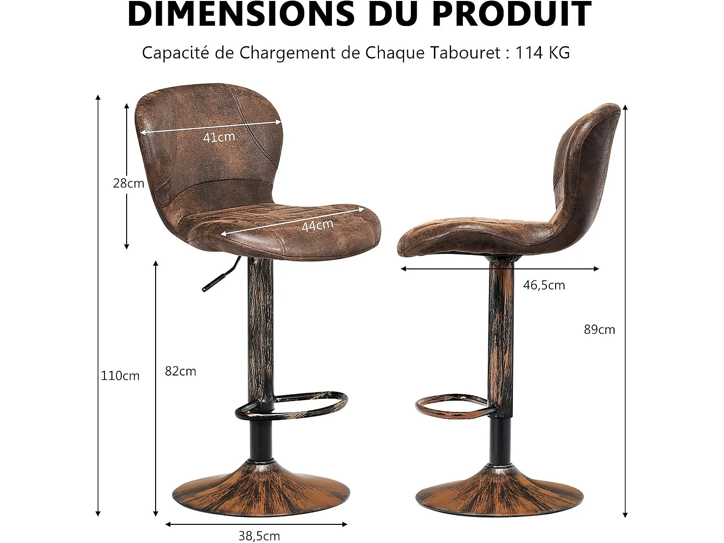 Lot de 2 Tabourets Pivotants H87-108cm, Style Industriel, 150 KG, Marron
