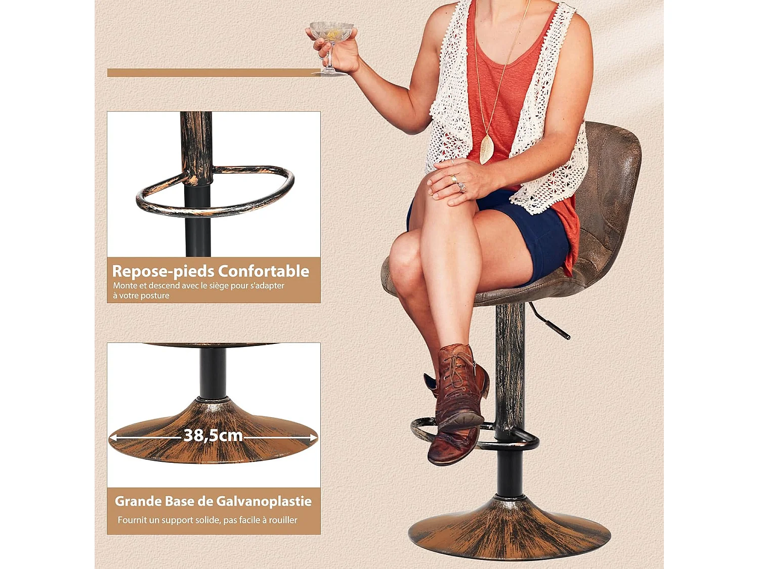 Lot de 2 Tabourets Pivotants H87-108cm, Style Industriel, 150 KG, Marron