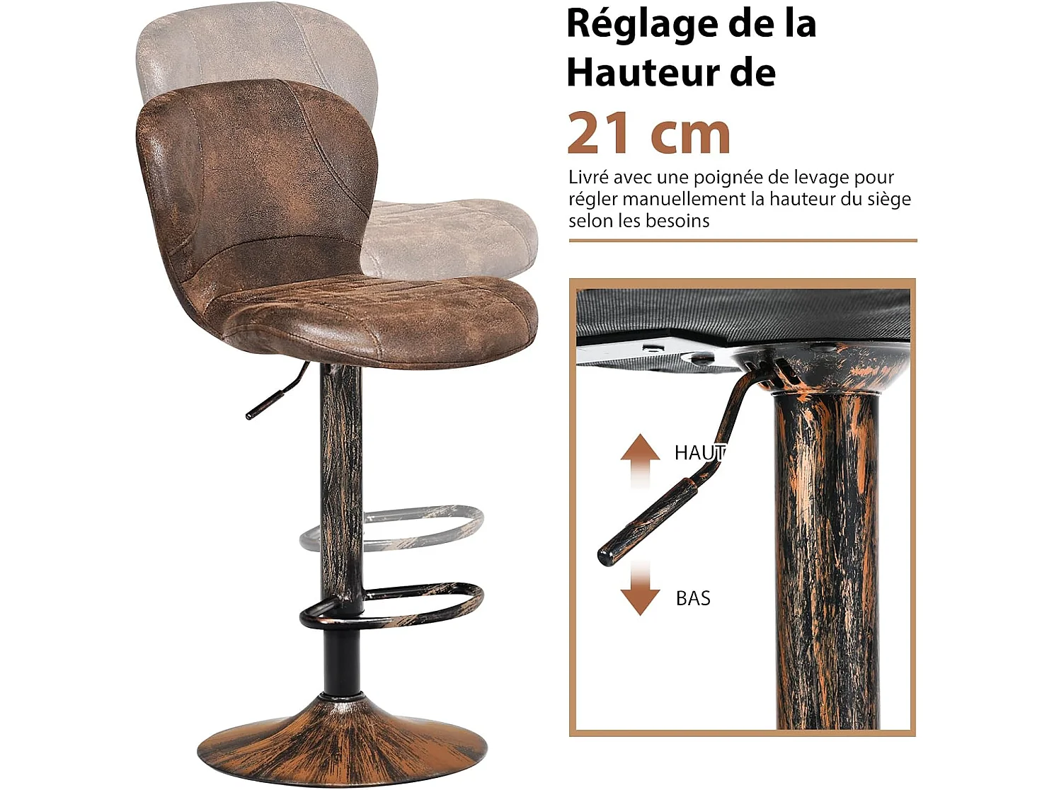 Lot de 2 Tabourets Pivotants H87-108cm, Style Industriel, 150 KG, Marron
