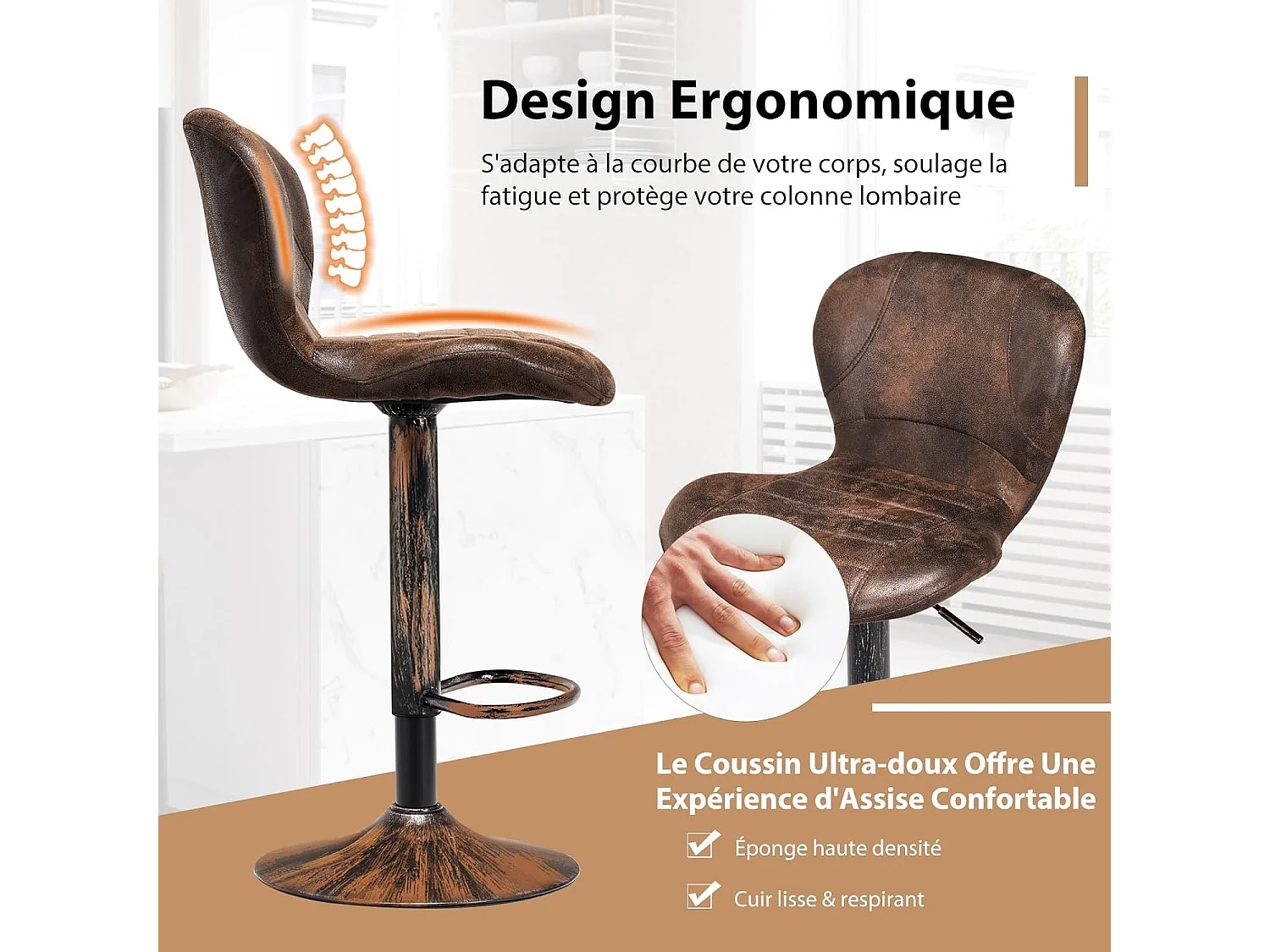 Lot de 2 Tabourets Pivotants H87-108cm, Style Industriel, 150 KG, Marron