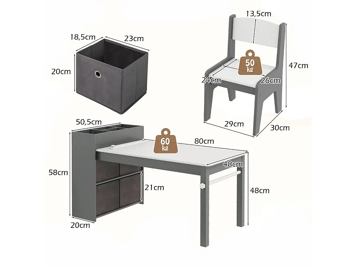 Set tavolo e sedie per bambini con 2 sedie, Set tavolo attività per bambini per stanza giochi Grigio e Bianco