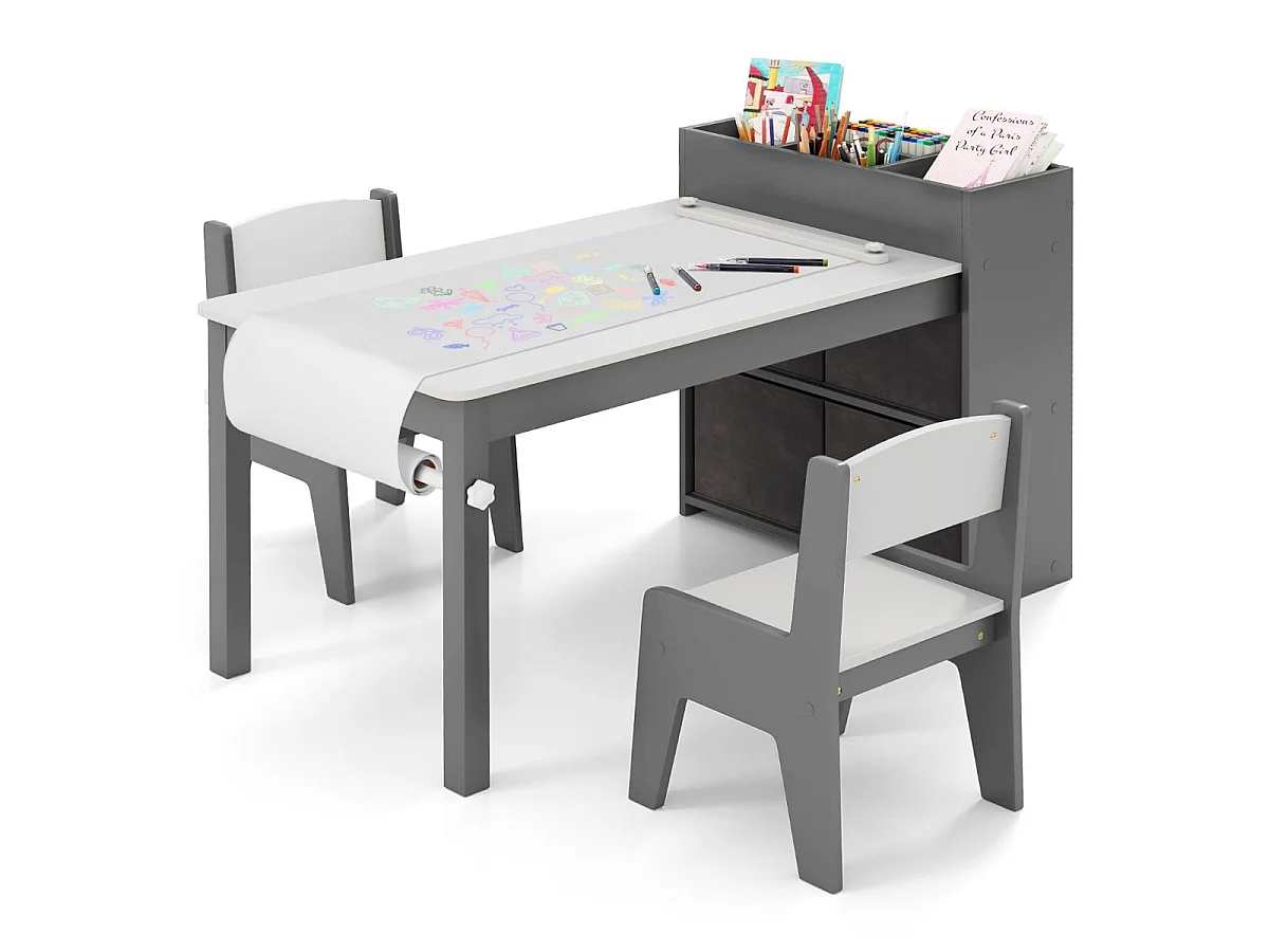 Set tavolo e sedie per bambini con 2 sedie, Set tavolo attività per bambini per stanza giochi Grigio e Bianco