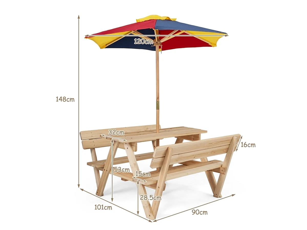 Table de pique-nique pour enfants avec parasol et bancs
