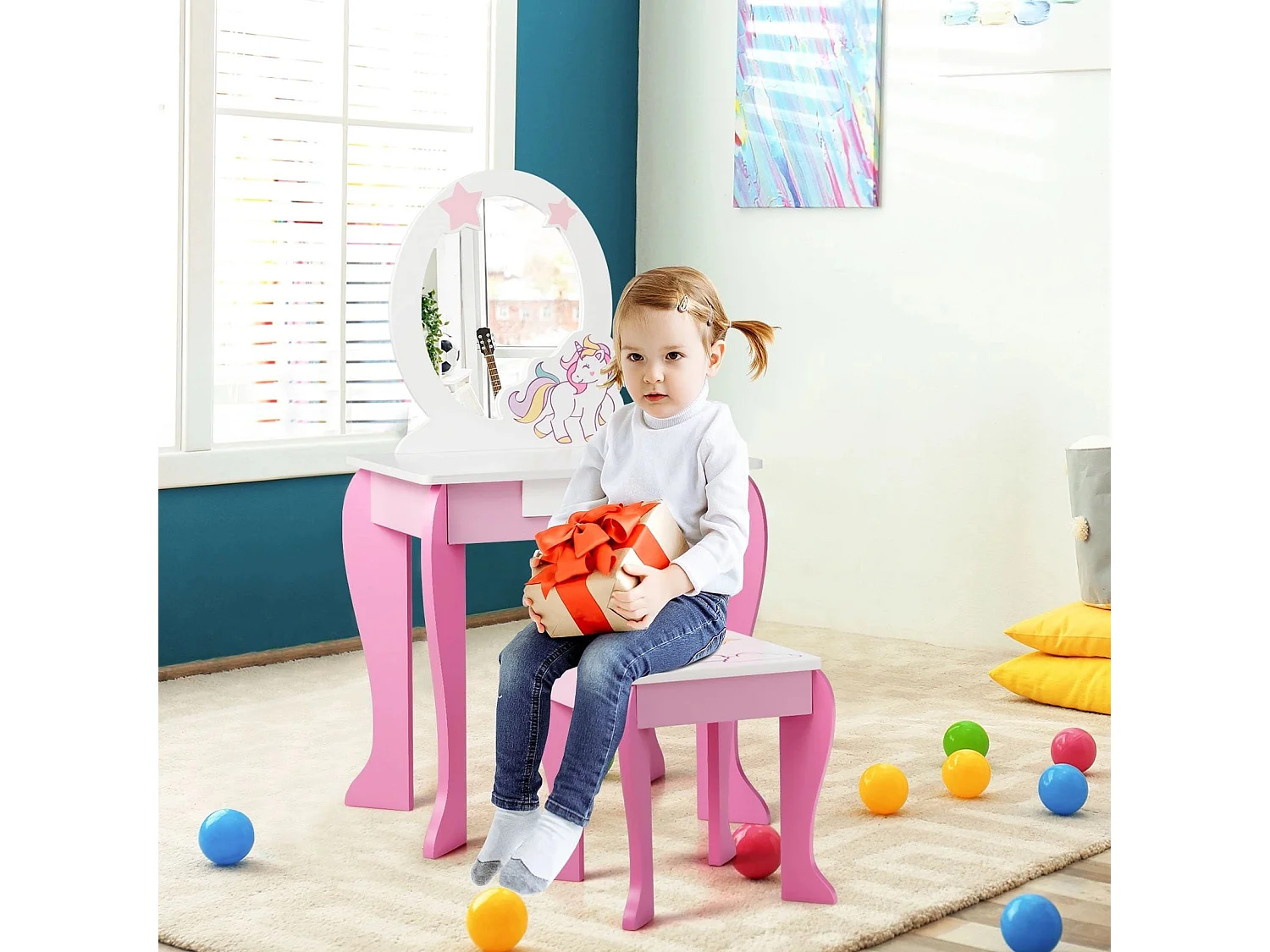 Mädchen Schminktisch Weiß-Rosa, 49,5 x 35,5 x 89 cm, Alter 3-7 Jahre
