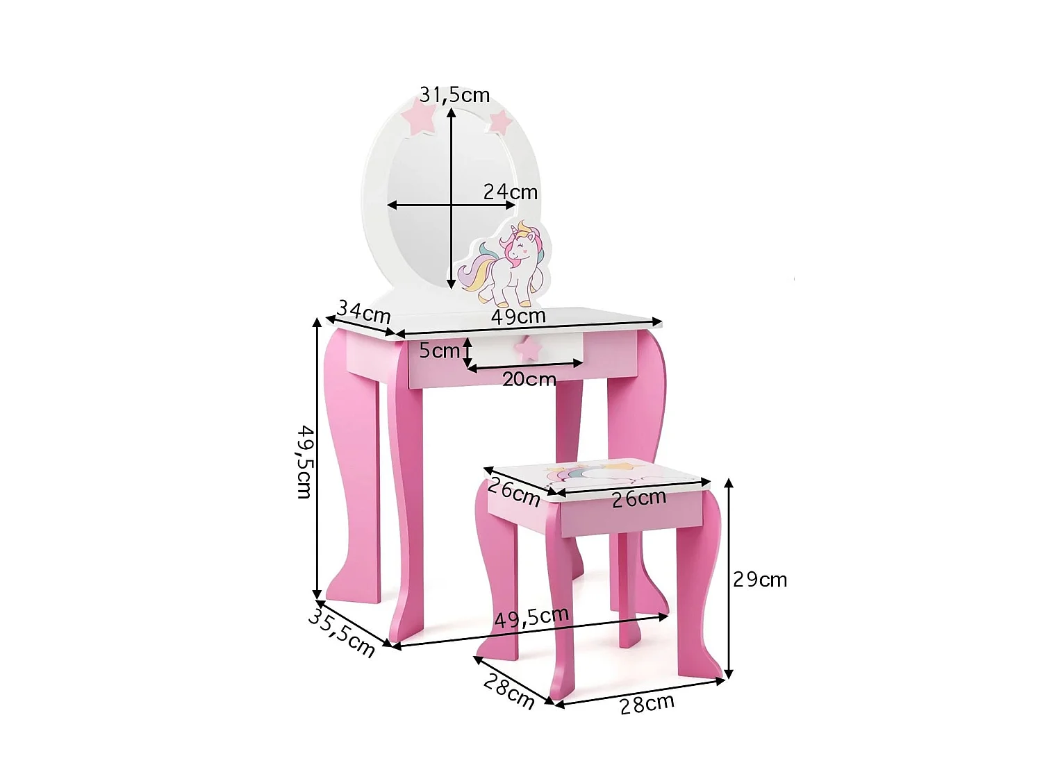 Mädchen Schminktisch Weiß-Rosa, 49,5 x 35,5 x 89 cm, Alter 3-7 Jahre