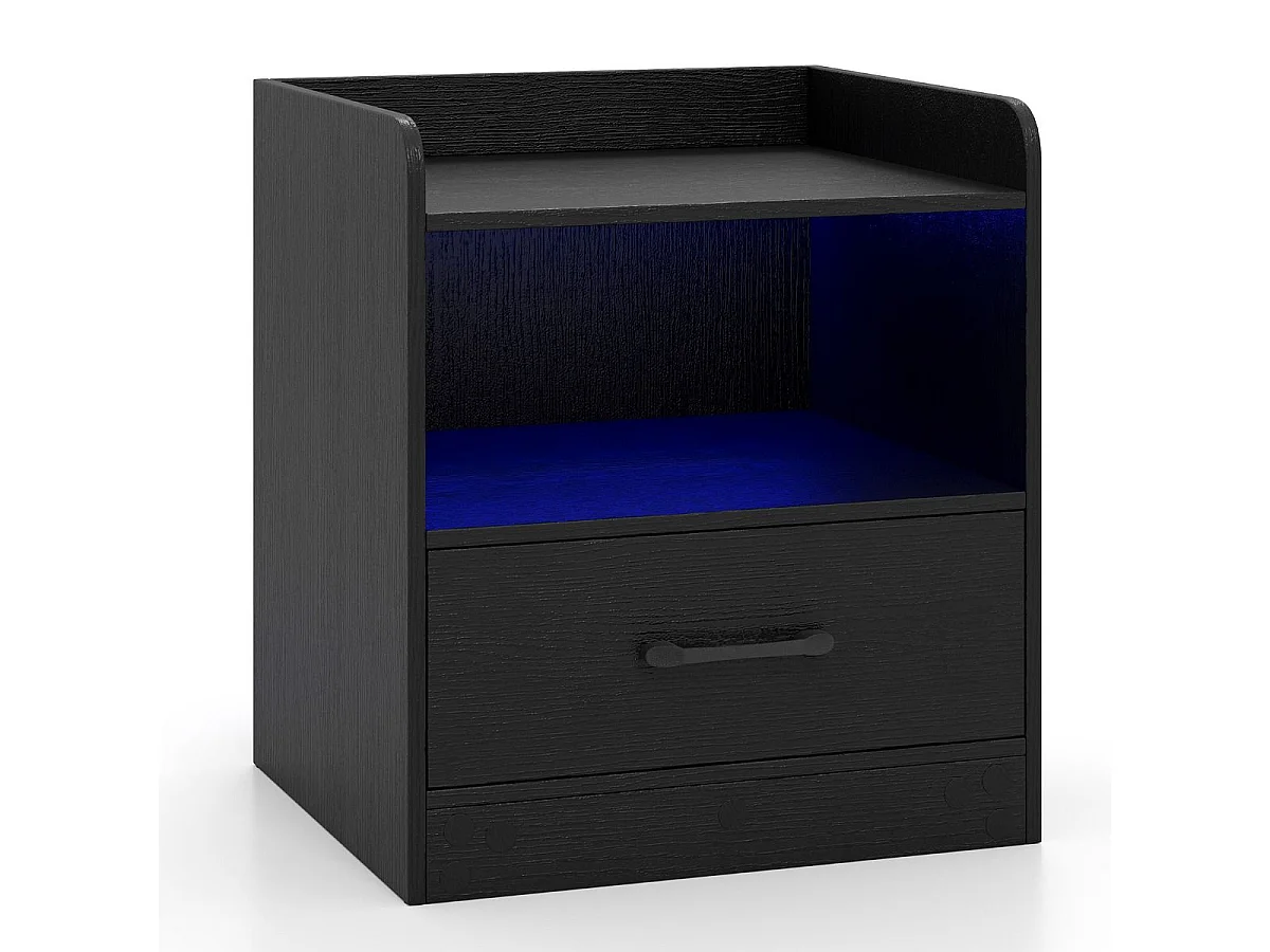 Nachttisch mit LED-Beleuchtung & Offenem Fach & Schublade Beistelltisch Nachtschrank Schwarz
