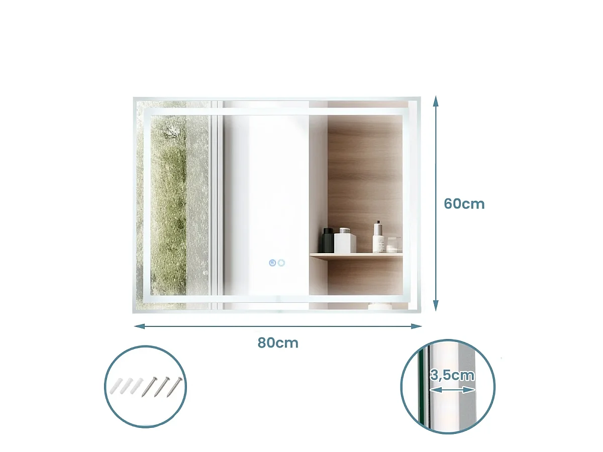 Specchio da bagno LED 80x60cm con luce dimmabile a 3 colori interruttore touch, Specchio rettangolare da muro