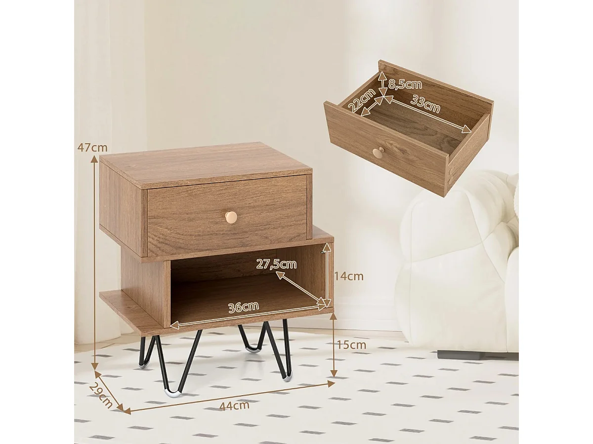 2er Set Nachttisch mit Abnehmbarer Schublade & Offenem Fach Mid-Century Modern Sofatisch