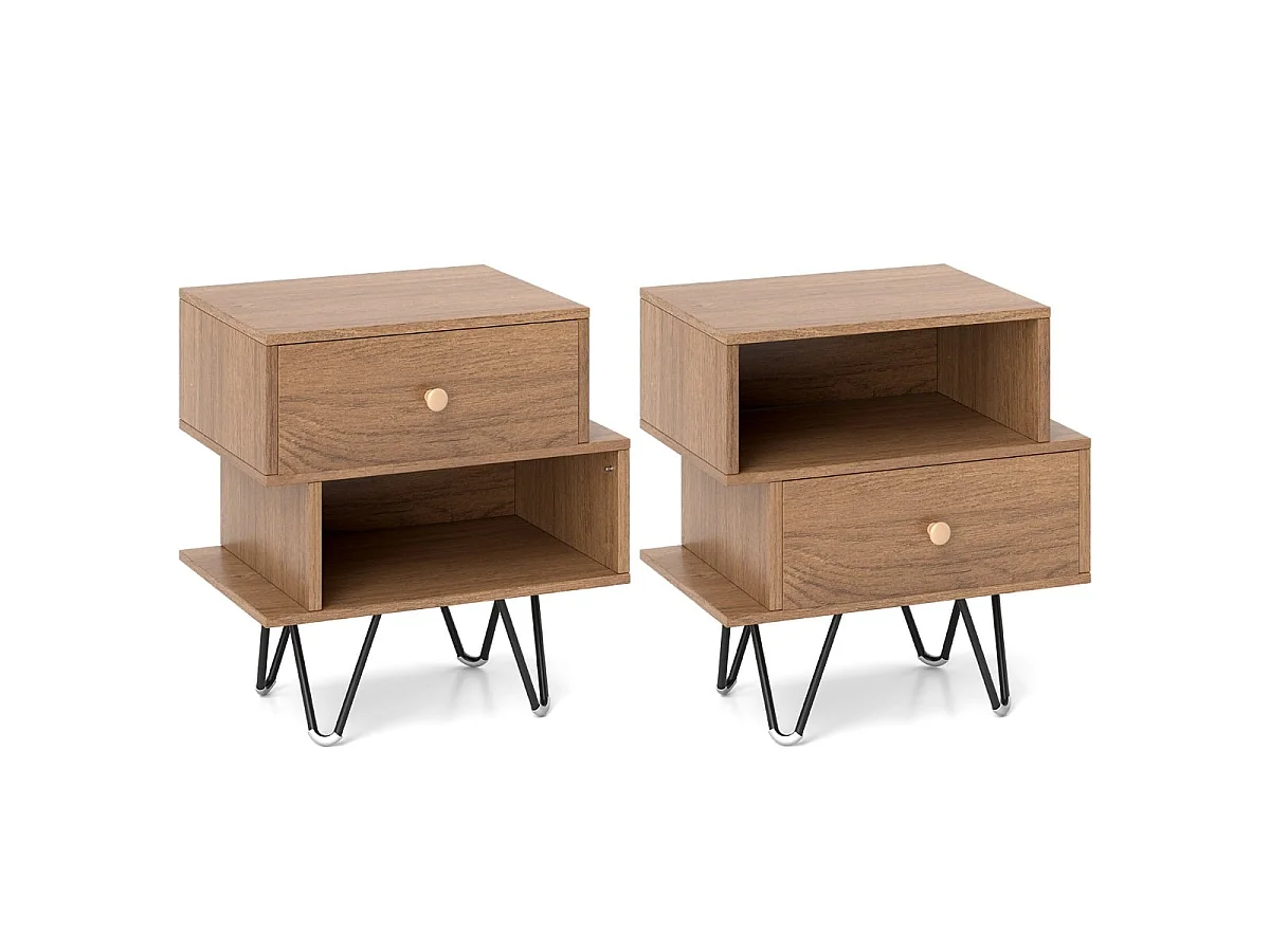 2er Set Nachttisch mit Abnehmbarer Schublade & Offenem Fach Mid-Century Modern Sofatisch