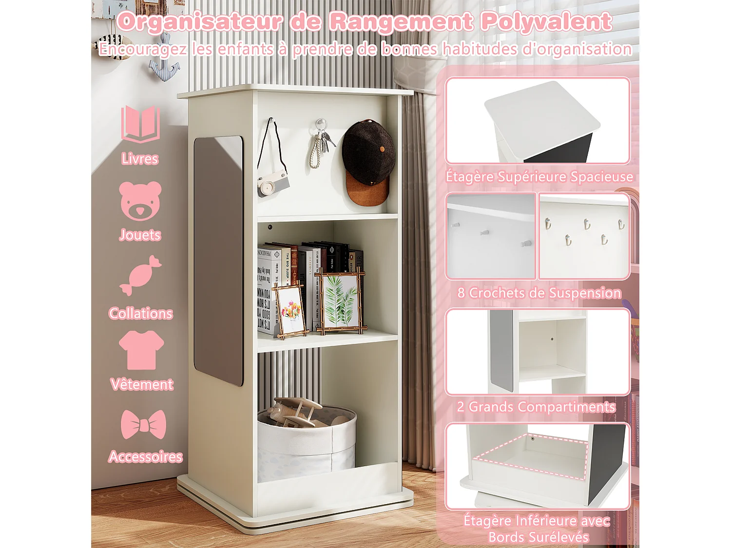 Bibliothèque Tournante Enfants 360° Tableau Noir Miroir Crochets Blanc