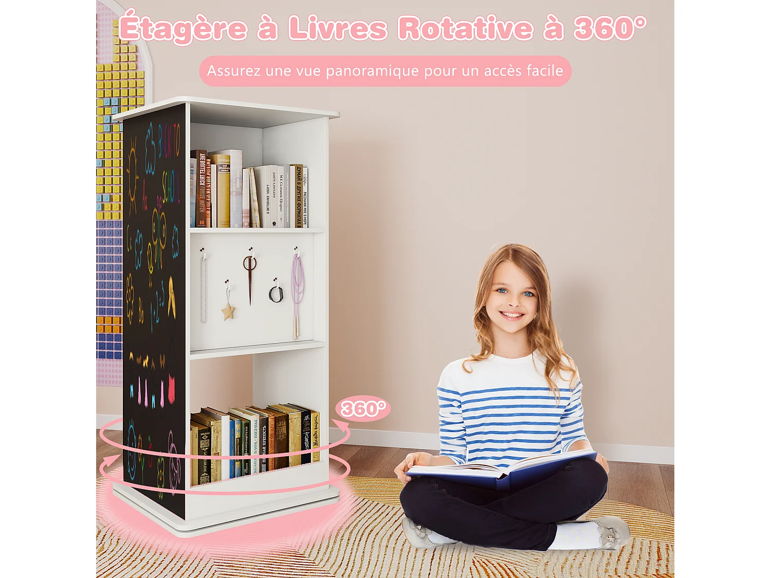 Bibliothèque Tournante Enfants 360° Tableau Noir Miroir Crochets Blanc