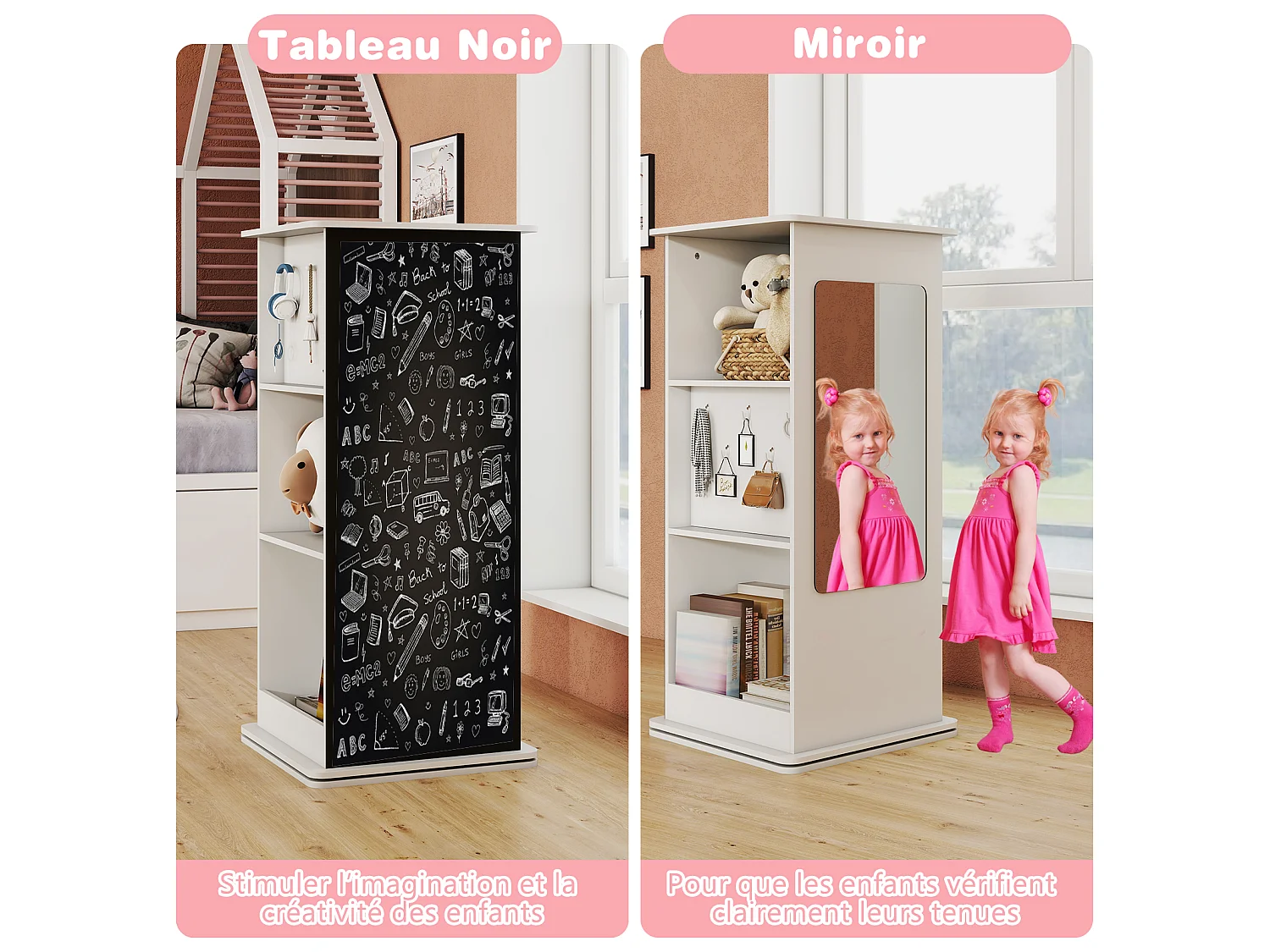 Bibliothèque Tournante Enfants 360° Tableau Noir Miroir Crochets Blanc