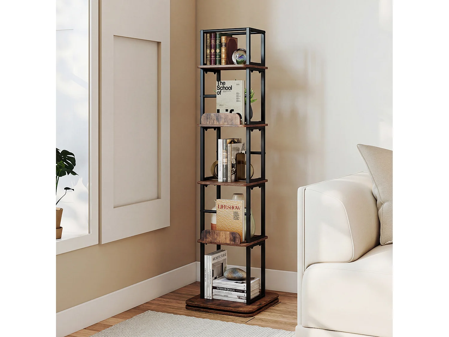 Bibliothèque Rotative 5 Niveaux, Antichute, 40x40x148,5cm