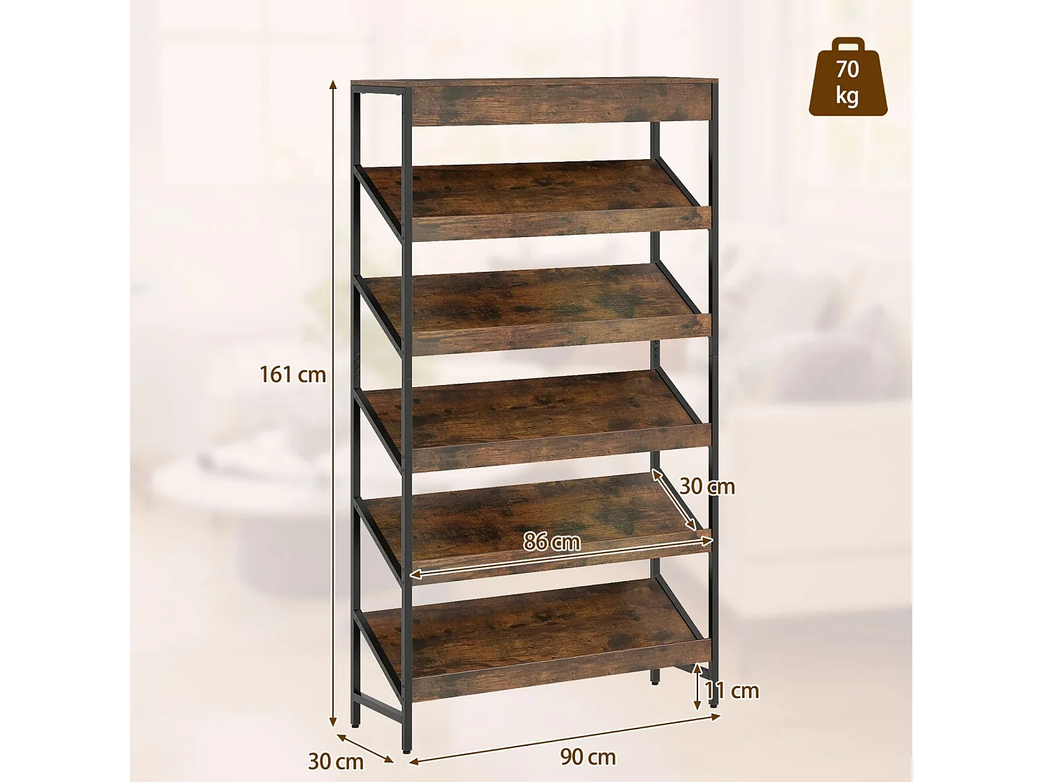 Libreria a 6 ripiani scaffale inclinato con struttura metallica robusta, Libreria porta giornali industriale in legno Marrone rustico