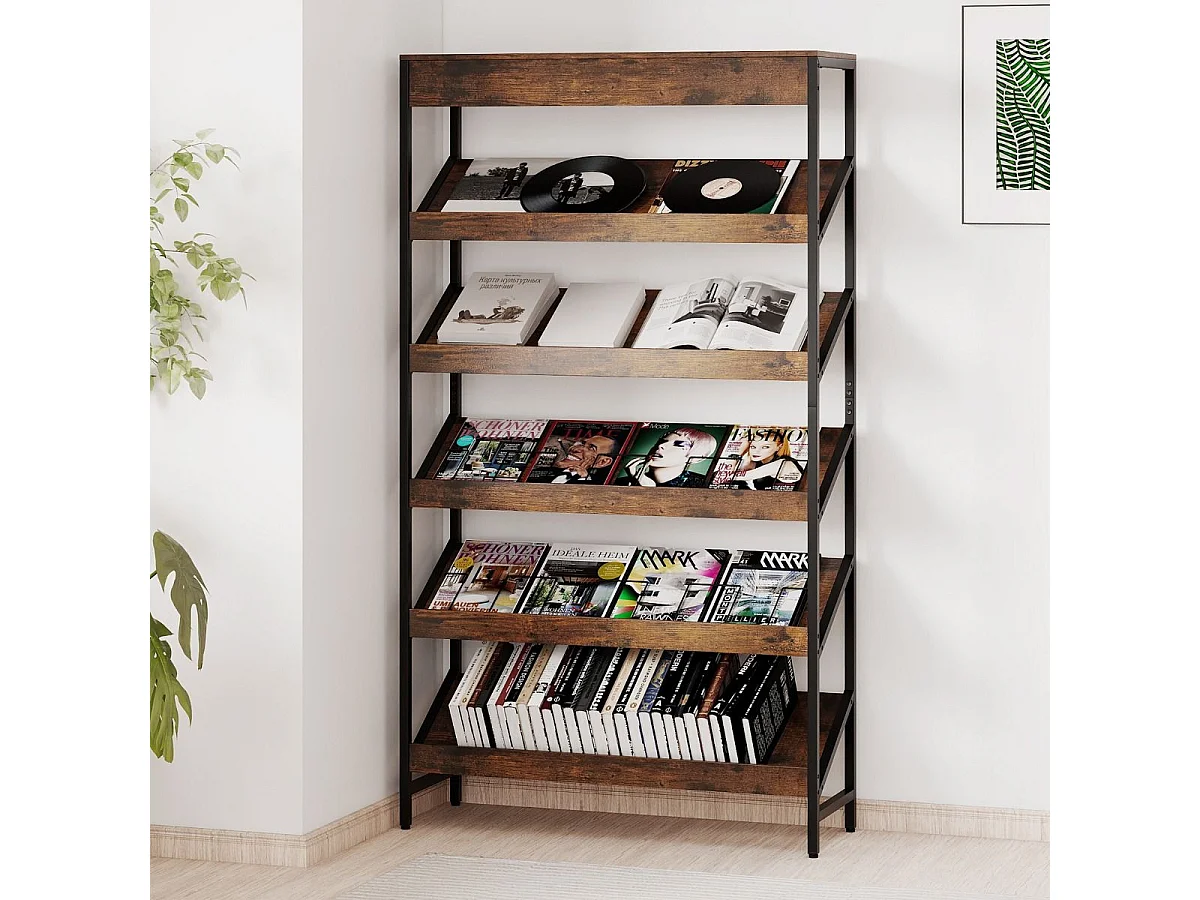 Libreria a 6 ripiani scaffale inclinato con struttura metallica robusta, Libreria porta giornali industriale in legno Marrone rustico